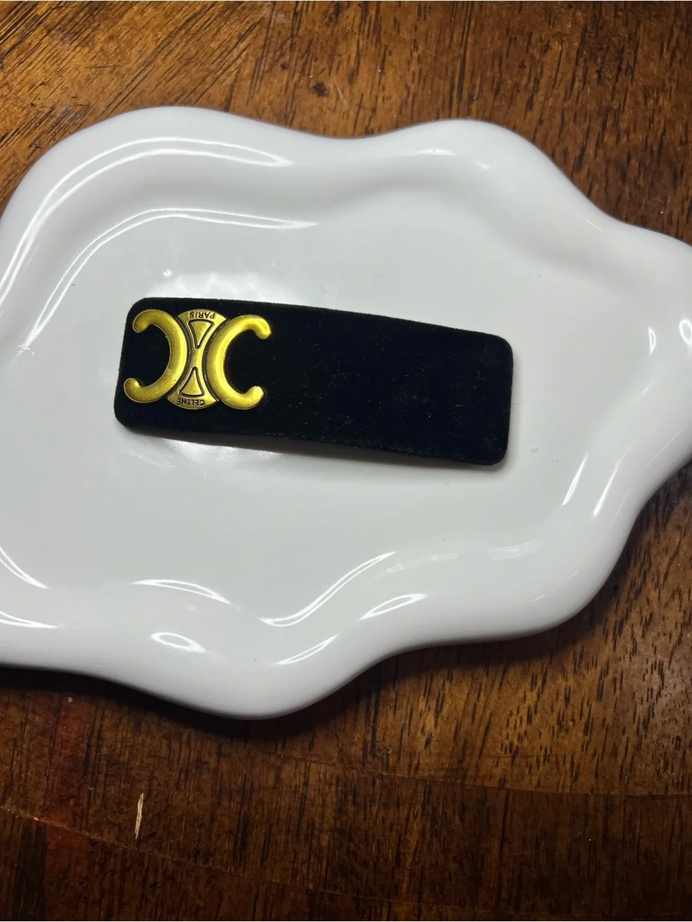 Celine Black Velvet Hair Barrette with Gold Emblem